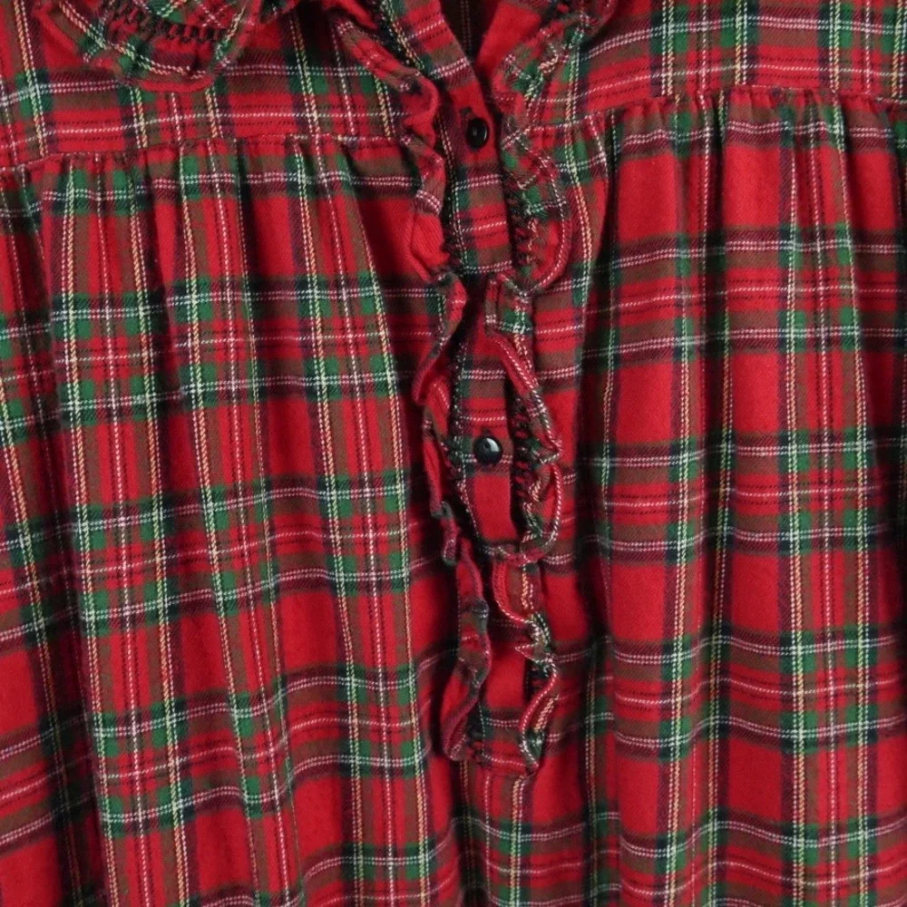 Vintage Large Red Plaid Flannel Nightgown Cotton Prairie Traditional Modest
